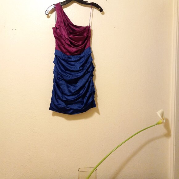 Ruched Colorblock One Shoulder Dress Blue & Magenta - Size 0 Party Cocktail Club - Picture 1 of 12